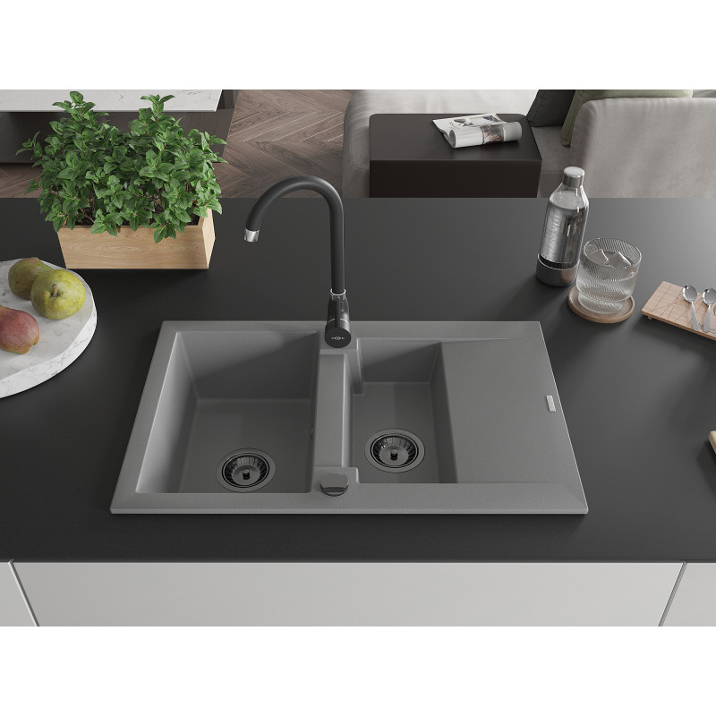 Mexen Gaspar granitový drez 1,5-komorový s odkvapkávačom 737 x 475 mm, sivý, sifón čierny - 6507731505-71-B