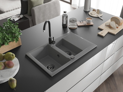Mexen Gaspar granitový 1,5-komorový drez s odkvapkávačom 737 x 475 mm, Šedá, Sifón Čierna - 6507731505-71-B