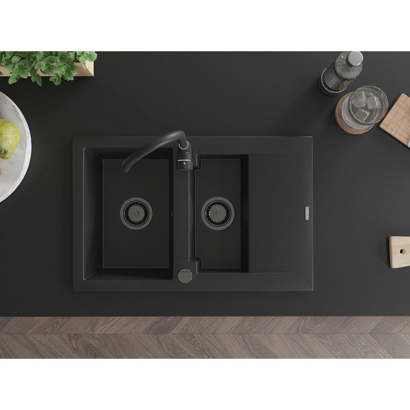 Mexen Gaspar granitový drez 1,5-komorový s odkvapkávacím pultom 737 x 475 mm, čierny, sifón čierny - 6507731505-77-B