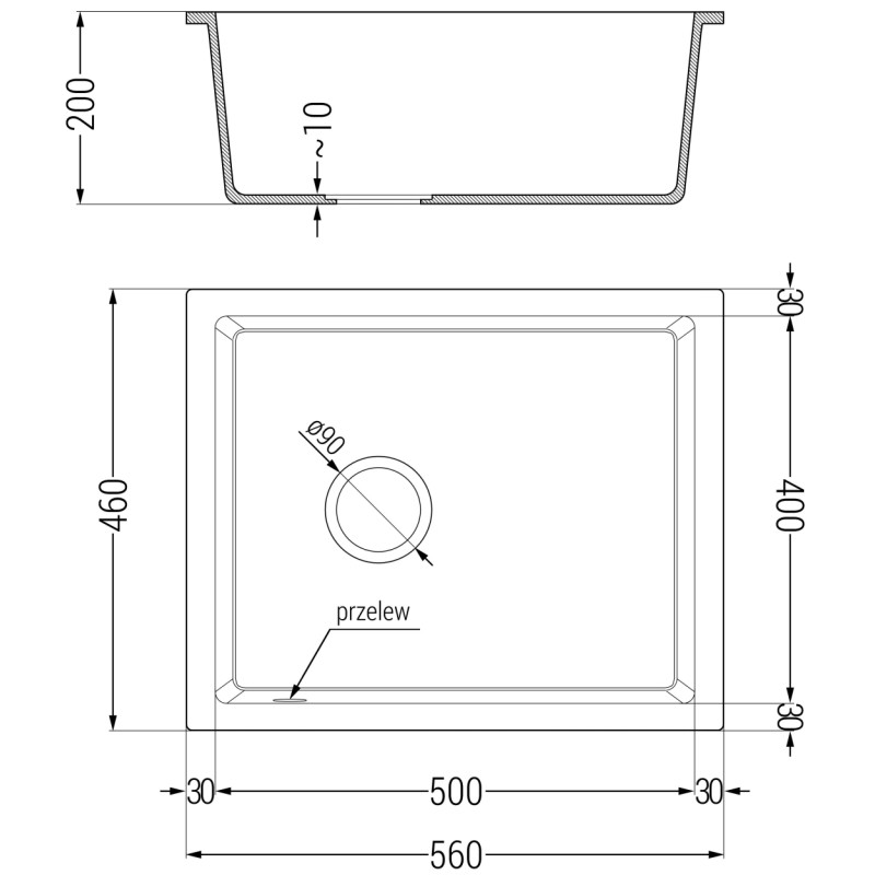 Mexen Pedro granitový drez s 1 komorou 560 x 460 mm, čierny/strieborný metalik, čierny sifón - 6508561000-73-B