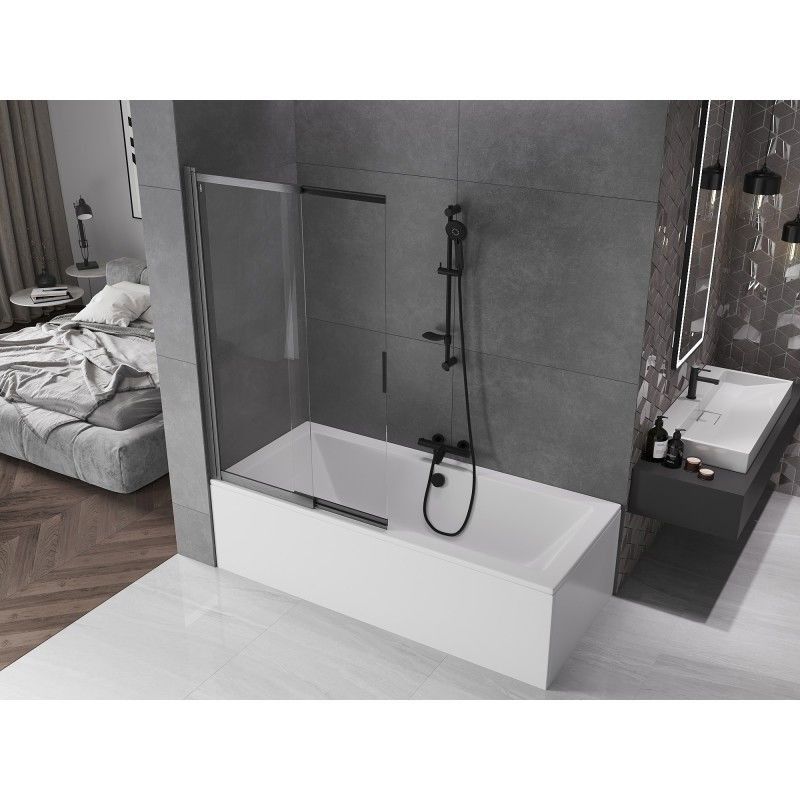 Mexen Fox dvojkrídlový vaňový paraván, posuvný 100 x 150 cm, priehľadný, brúsená tmavá sivá - 891-100-002-66-00