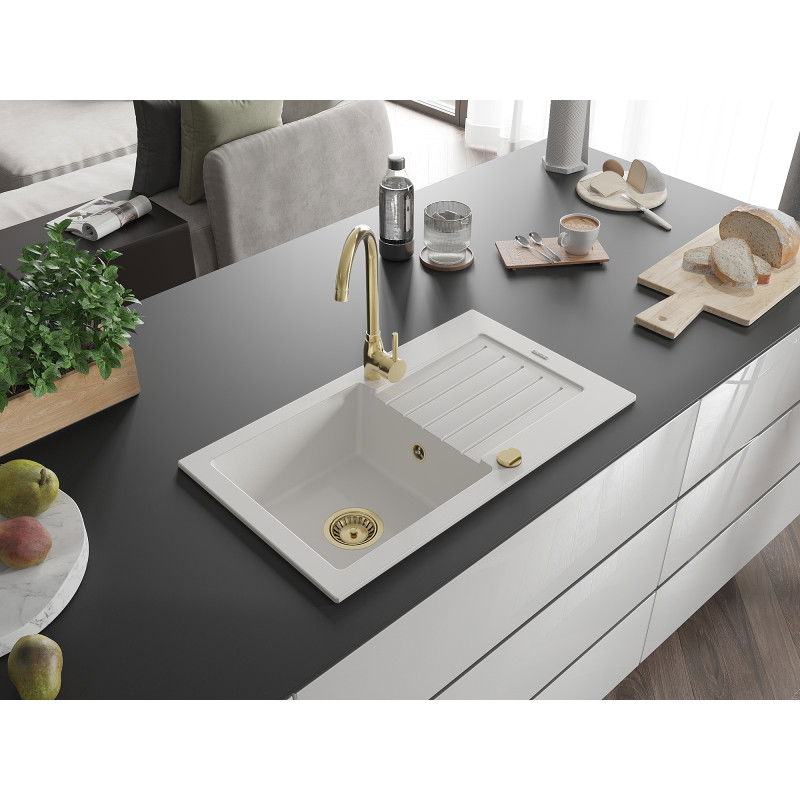 Mexen Pablo žulový drez 1-komorový s odkvapkávačom 752 x 436 mm, biely, zlatý sifón - 6510751010-20-G