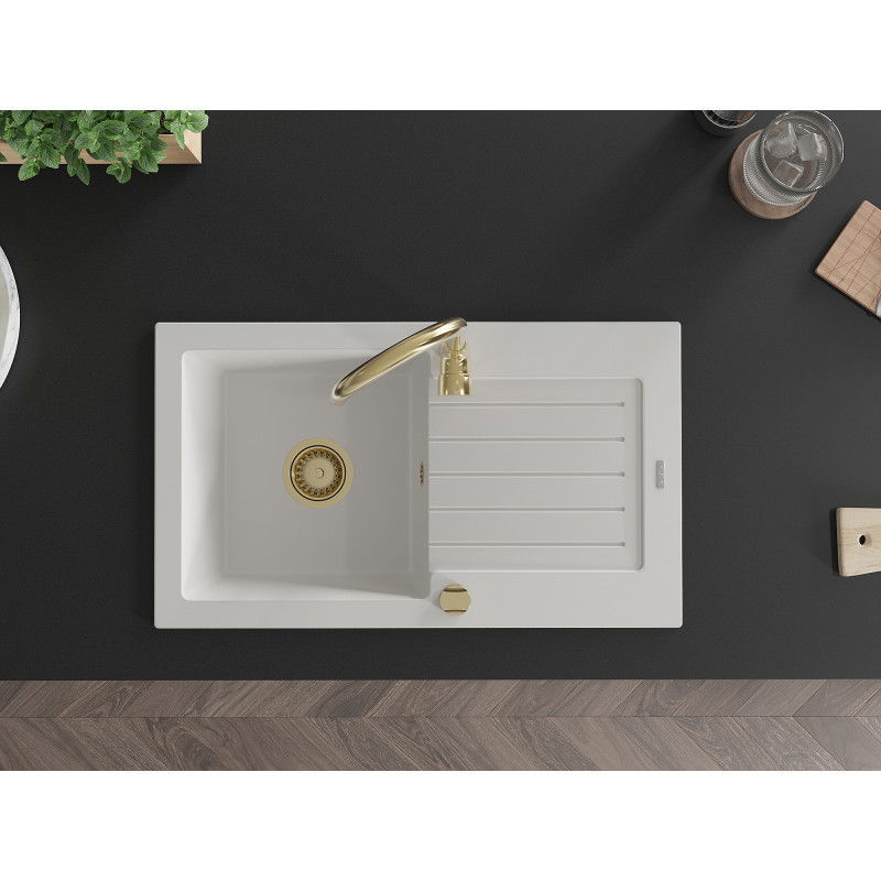 Mexen Pablo žulový drez 1-komorový s odkvapkávačom 752 x 436 mm, biely, zlatý sifón - 6510751010-20-G