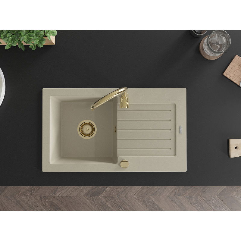 Mexen Pablo granitový drez s 1 komorou a odkvapkávačom 752 x 436 mm, béžový, zlatý sifón - 6510751010-69-G