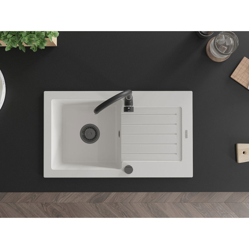 Mexen Pablo jednokomorový žulový drez s odkvapkávačom 752 x 436 mm, biely, čierny sifón - 6510751010-20-B