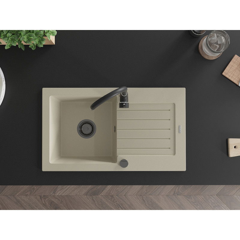 Mexen Pablo žulový drez s jednou komorou s odkvapkávačom 752 x 436 mm, béžový, čierny sifón - 6510751010-69-B