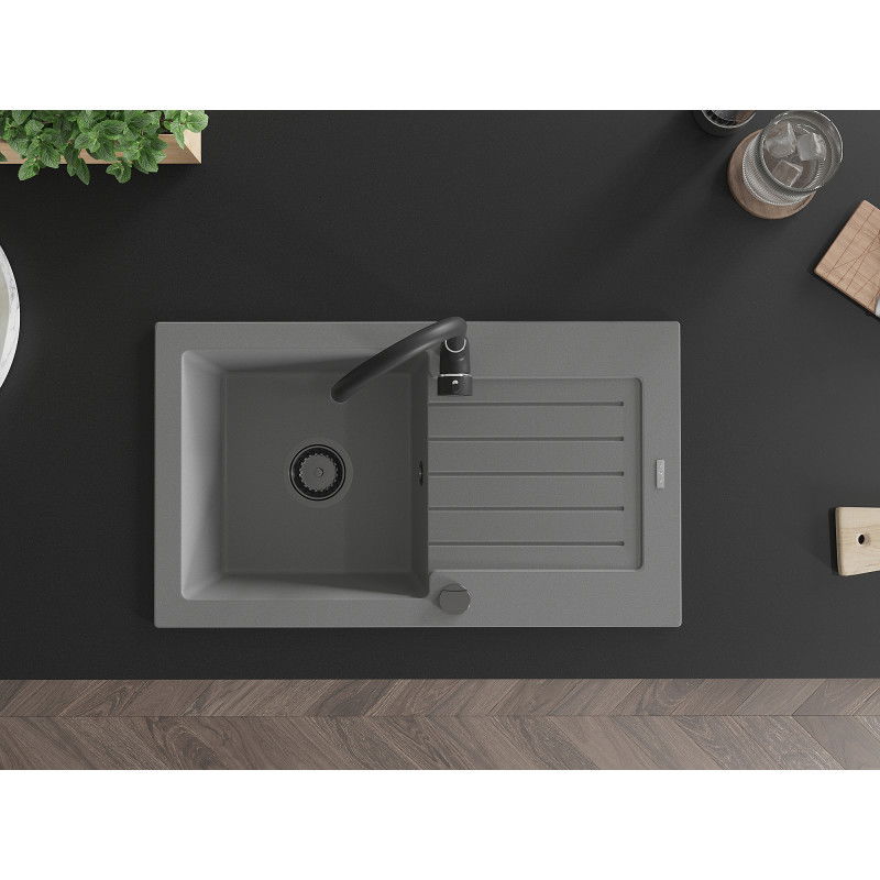 Mexen Pablo žulový kuchynský drez s odkvapkávačom, 1-komorový, 752 x 436 mm, sivý, čierny sifón - 6510751010-71-B