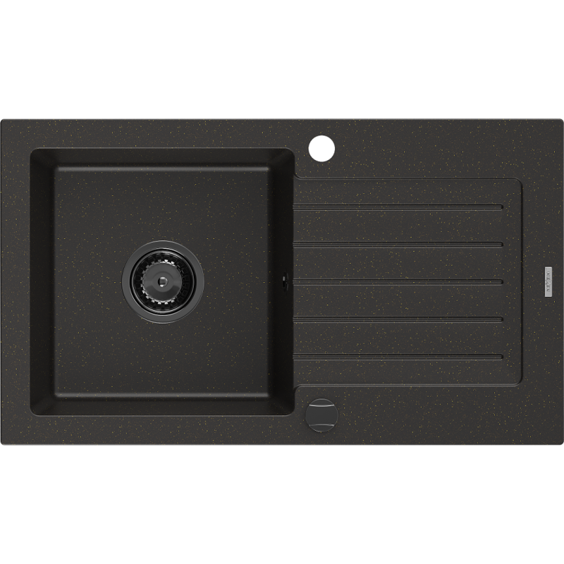 Mexen Pablo granitový drez s 1 komorou a odkvapkávačom 752 x 436 mm, čierny/zlatý metalik, čierny sifón - 6510751010-75-B