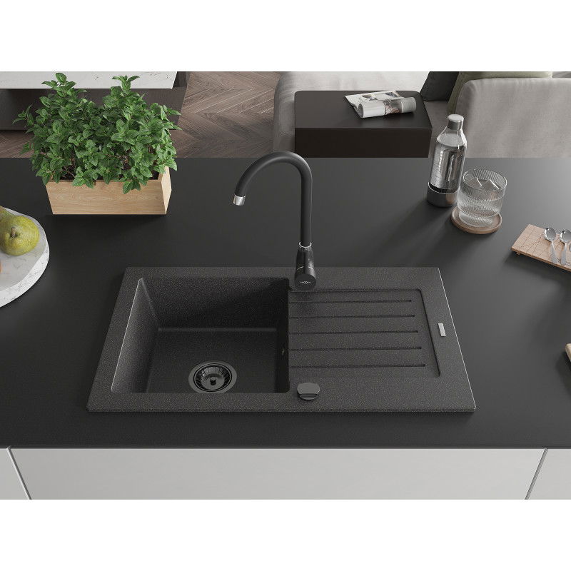 Mexen Pablo jednokomorový žulový drez s odkvapkávačom 752 x 436 mm, čierny škvrnitý, čierny sifón - 6510751010-76-B