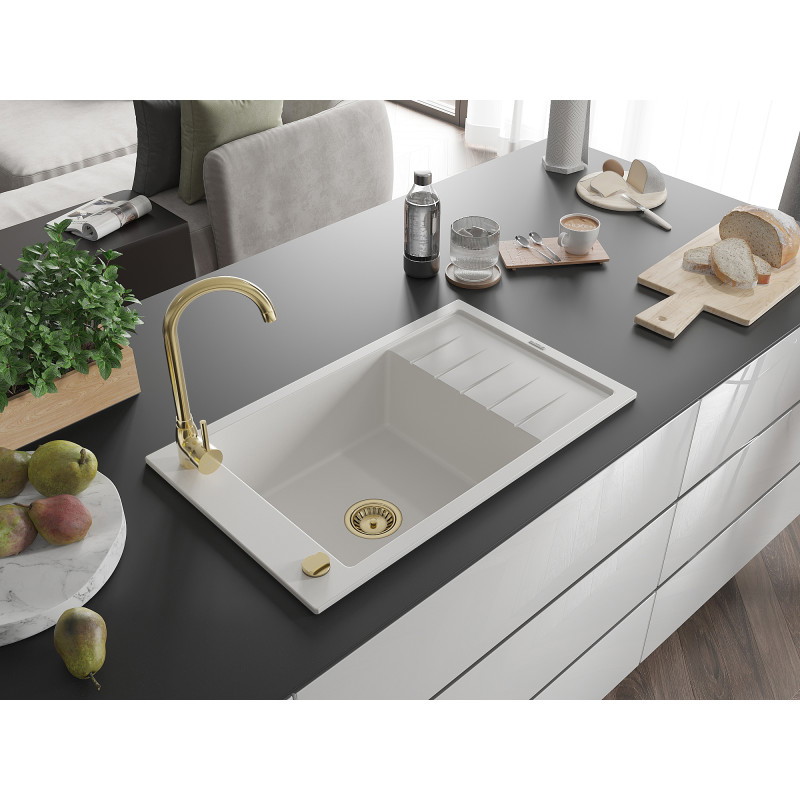 Mexen Elias granitový drez 1-komorový s odkvapkávačom 795 x 480 mm, biely, zlatý sifón - 6511791005-20-G