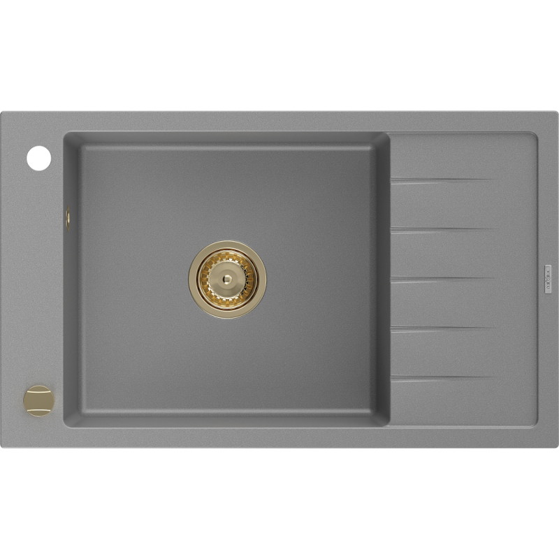Mexen Elias granitový drez 1-komorový s odkvapkávačom 795 x 480 mm, sivý, zlatý sifón - 6511791005-71-G