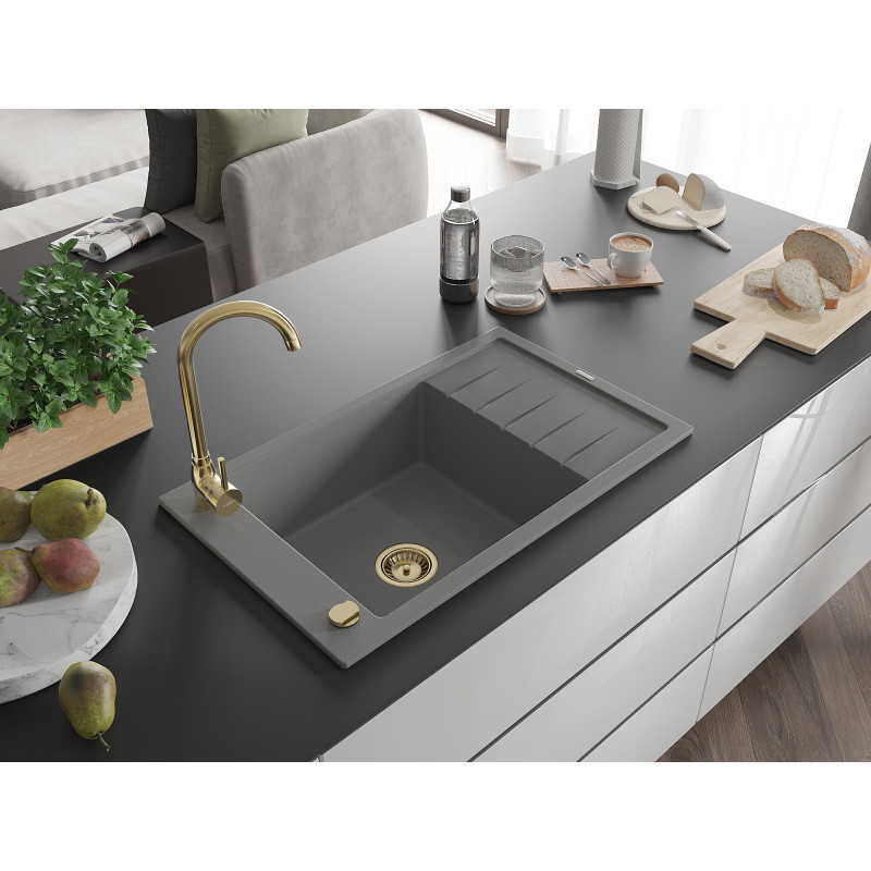 Mexen Elias jednokomorový žulový drez s odkvapkávačom 795 x 480 mm, sivý, zlatý sifón - 6511791005-71-G