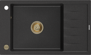Mexen Elias žulový drez 1-komorový s odkvapkávačom 795 x 480 mm, čierny/strieborný metalický, zlatý sifón - 6511791005-73-G