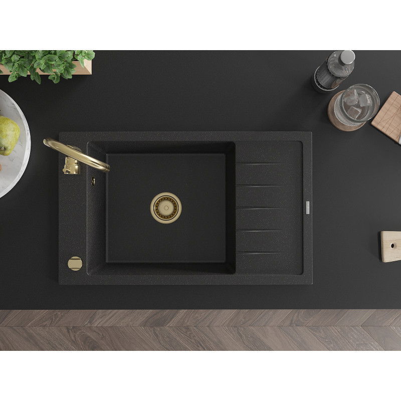 Mexen Elias žulový drez 1-komorový s odkvapkávačom 795 x 480 mm, čierny/strieborný metalický, zlatý sifón - 6511791005-73-G