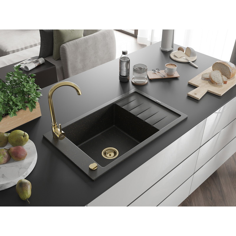 Mexen Elias granitový drez 1-komorový s odkvapkávacou plochou 795 x 480 mm, čierny/zlatý metalický, zlatý sifón