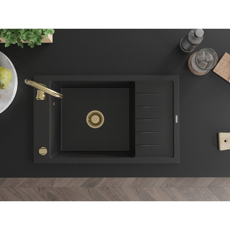 Mexen Elias jedno-komorový žulový drez s odkvapkávačom 795 x 480 mm, čierny, zlatý sifón - 6511791005-77-G