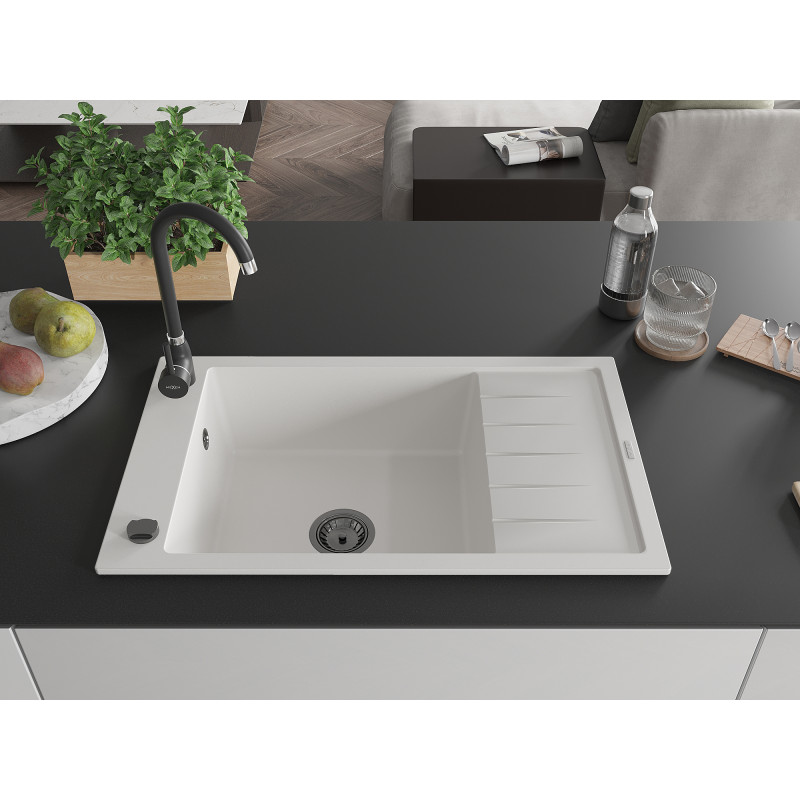 Mexen Elias granitový drez s 1 komorou a odkvapkávačom 795 x 480 mm, biely, čierny sifón - 6511791005-20-B