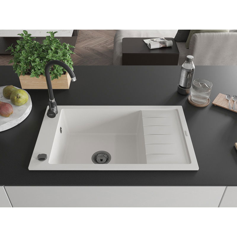 Mexen Elias žulový kuchynský drez s odkvapkávačom 795 x 480 mm, biely, čierny sifón - 6511791005-20-B