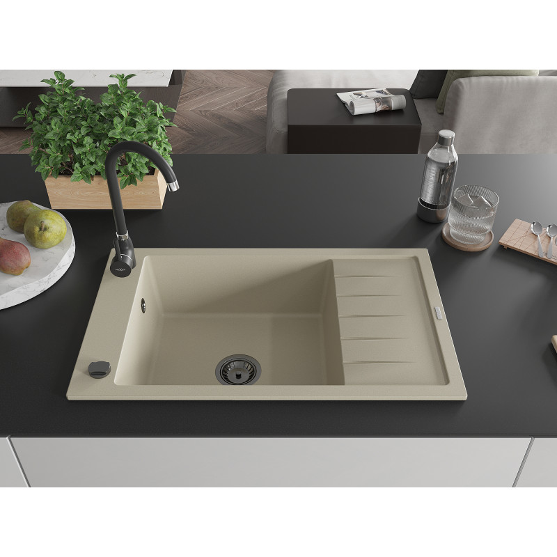Mexen Elias granitový drez 1-komorový s odkvapkávačom 795 x 480 mm, béžový, čierny sifón - 6511791005-69-B