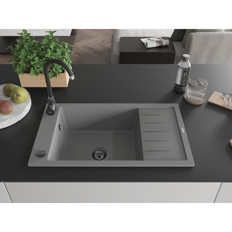 Mexen Elias granitový drez s odkvapkávačom, 1-komorový, 795 x 480 mm, sivý, čierny sifón - 6511791005-71-B
