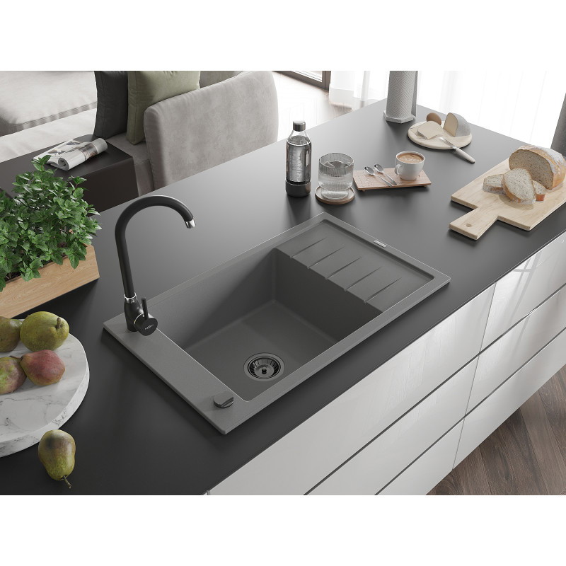 Mexen Elias granitový drez s odkvapkávačom, 1-komorový, 795 x 480 mm, sivý, čierny sifón - 6511791005-71-B