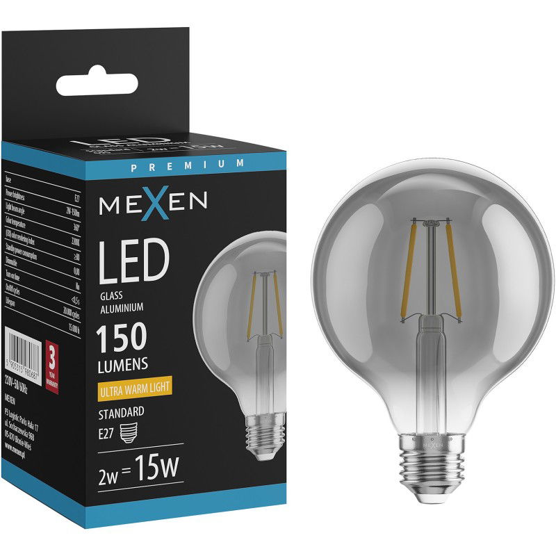 Mexen Vintis LED žiarovka filament E27, G95, 2W, Teplá - 2200K, 150 lm, dymová - L157-E27-0222-70