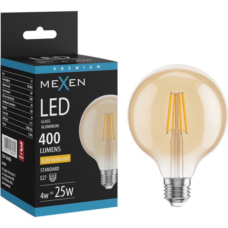 Mexen Vintis Žiarovka filament LED E27, G95, 4W, Teplá - 2200K, 400 lm, jantárová - L157-E27-0422-50