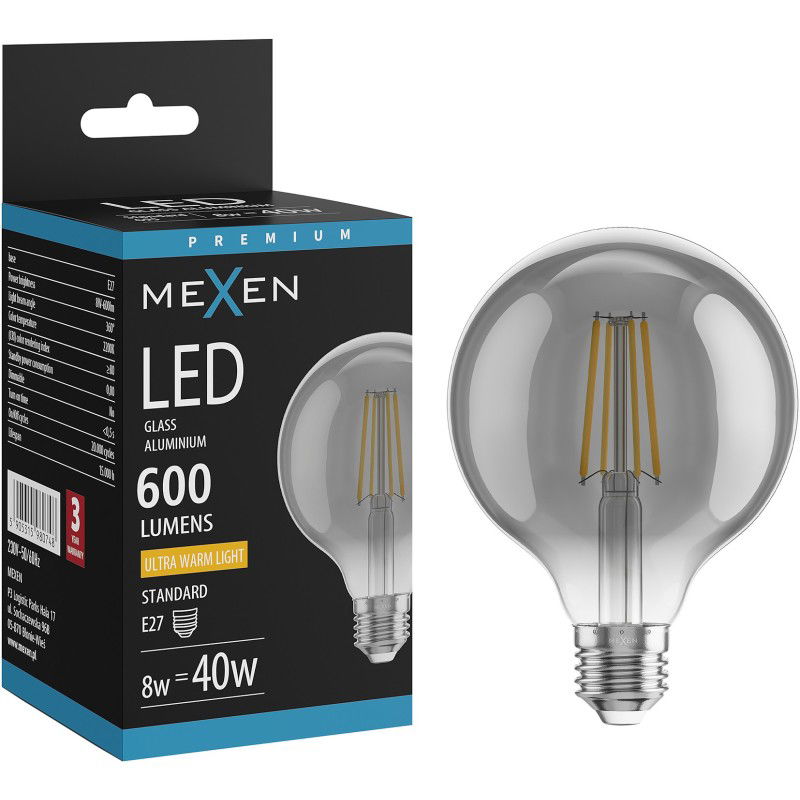 Mexen Vintis Žiarovka filament LED E27, G95, 8W, Teplá - 2200K, 600 lm, smoke - L157-E27-0822-70