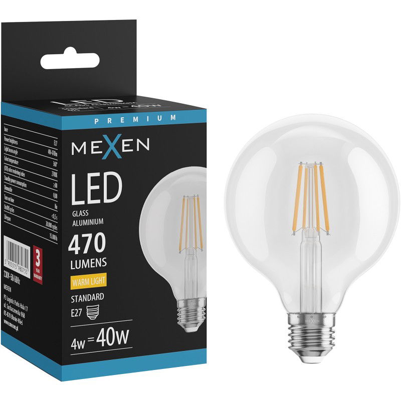 Mexen Vintis LED žiarovka filament E27, G95, 4W, Teplá - 2700K, 470 lm, číra - L157-E27-0427-00
