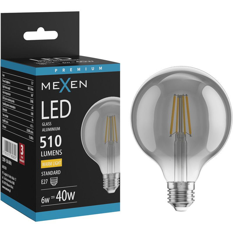 Mexen Vintis LED filamentová žiarovka E27, G95, 6W, Teplá - 2700K, 510 lm, dymová - L157-E27-0627-70