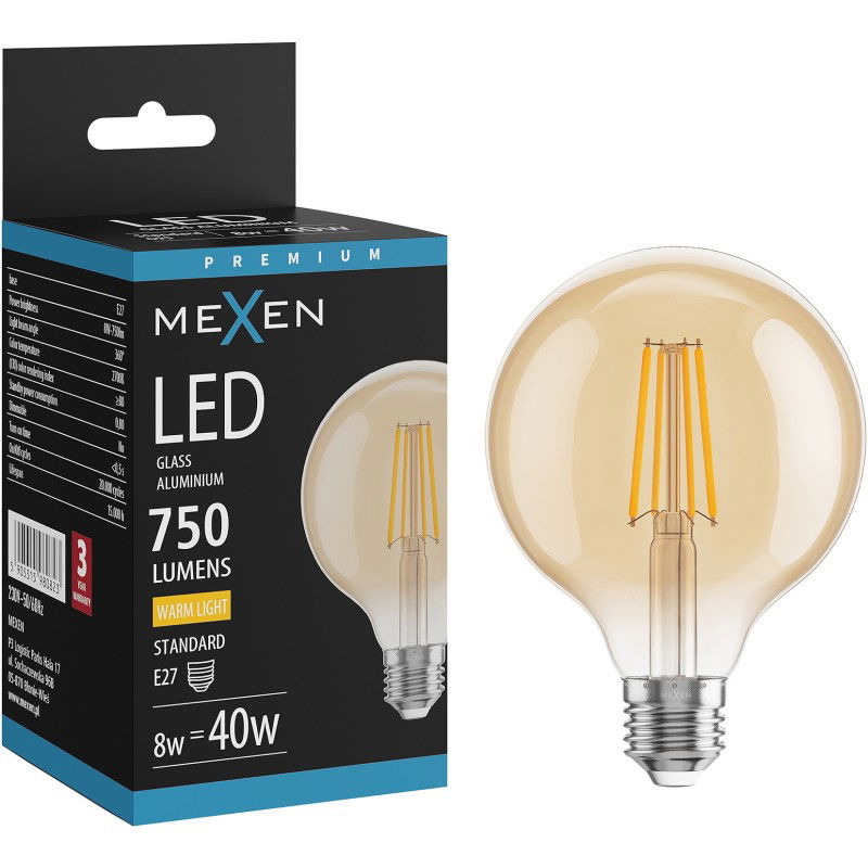 Mexen Vintis Žiarovka filament LED E27, G95, 8W, Teplá - 2700K, 750 lm, jantárová - L157-E27-0827-50