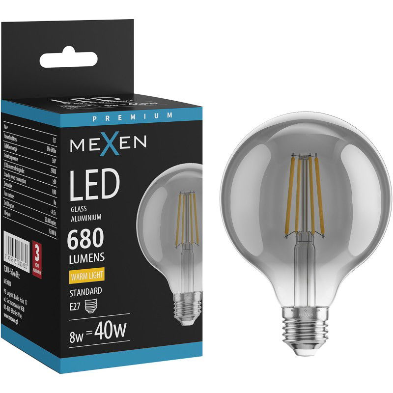 Mexen Vintis LED žiarovka filament E27, G95, 8W, Teplá - 2700K, 680 lm, dymová - L157-E27-0827-70