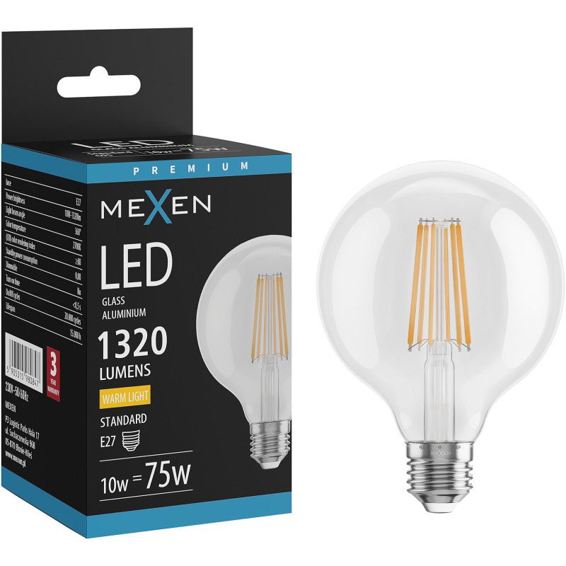 Mexen Vintis Žiarovka filament LED E27, G95, 10W, Teplá - 2700K, 1320 lm, číra - L157-E27-1027-00