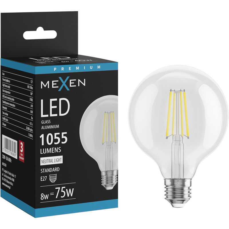 Mexen Vintis LED vlákno žiarovka E27, G95, 8W, Neutrálna - 4000K, 1055 lm, číra - L157-E27-0840-00