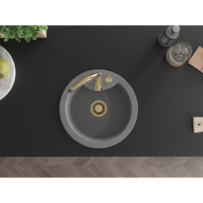 Mexen Diego granitový drez 1-komorový 488 x 480 mm, sivý, sifón zlatý - 6512481000-71-G