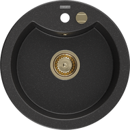 Mexen Diego žulový drez 1-komorový 488 x 480 mm, čierny/strieborný metalik, sifón zlatý - 6512481000-73-G