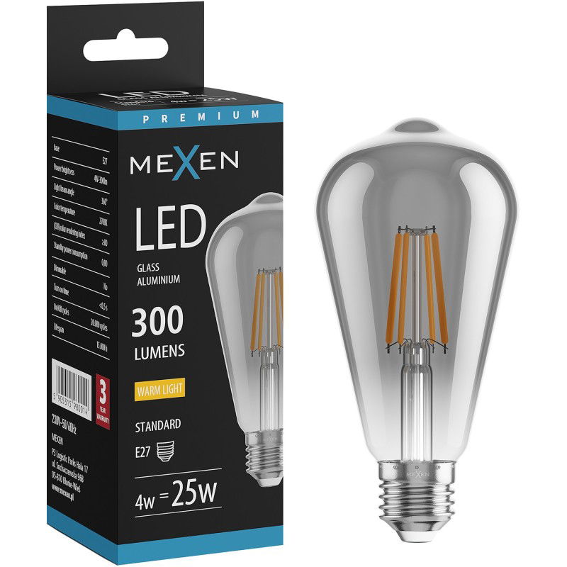 Mexen Vintis LED filamentová žiarovka E27, ST64, 4W, Teplá - 2200K, 300 lm, dymová - L152-E27-0422-70