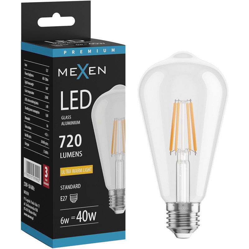 Mexen Vintis LED žiarovka filament E27, ST64, 6W, Teplá - 2200K, 720 lm, číra - L152-E27-0622-00