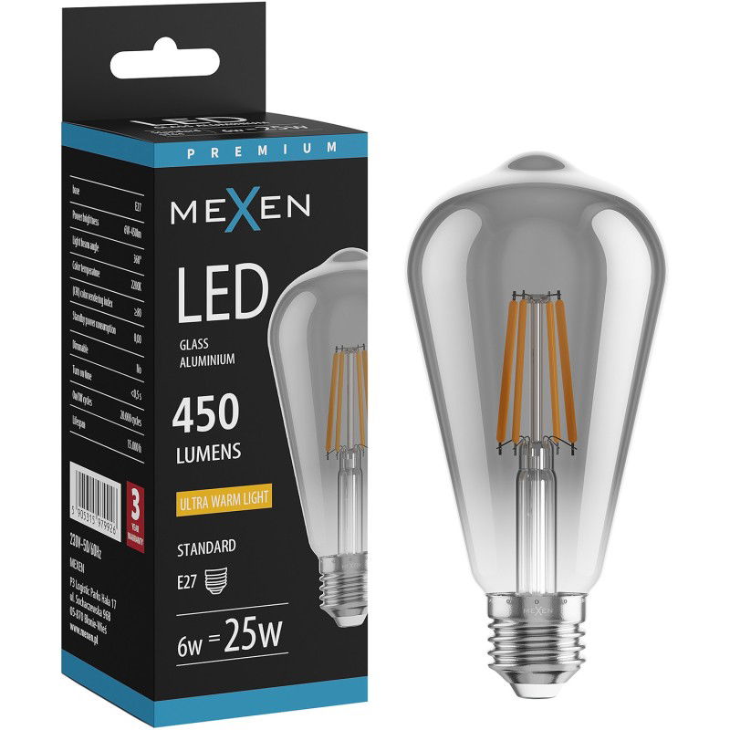 Mexen Vintis LED žiarovka s vláknom E27, ST64, 6W, Teplá - 2200K, 450 lm, dymová - L152-E27-0622-70