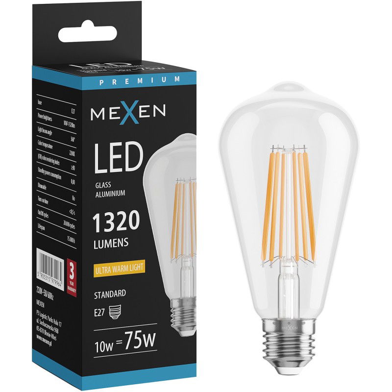 Mexen Vintis LED žiarovka filament E27, ST64, 10W, Teplá - 2200K, 1320 lm, číra - L152-E27-1022-00