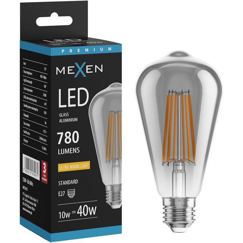 Mexen Vintis LED filamentová žiarovka E27, ST64, 10W, Teplá - 2200K, 780 lm, dymová - L152-E27-1022-70