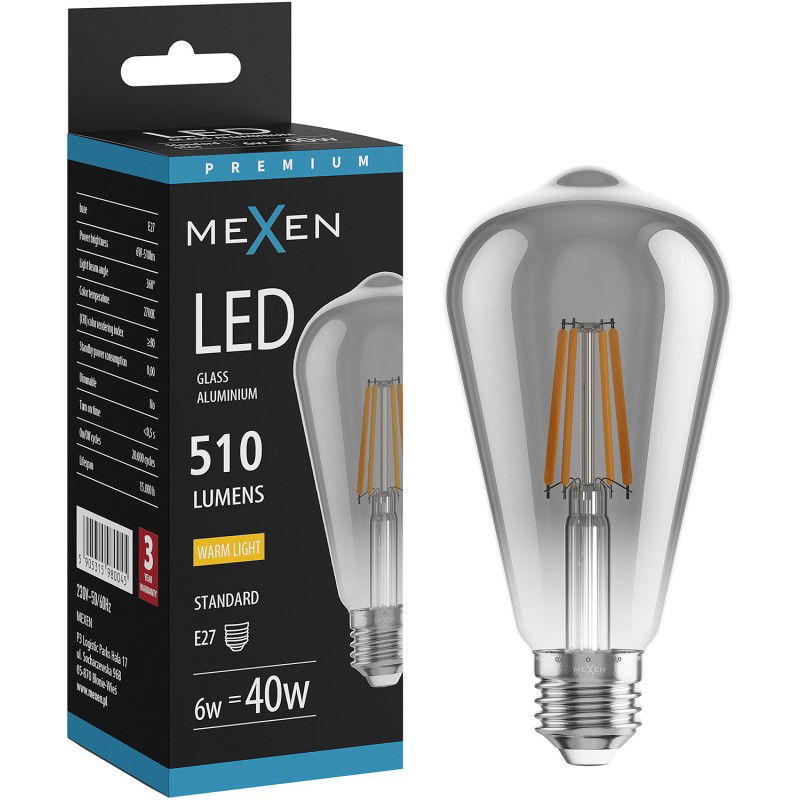 Mexen Vintis Žiarovka filament LED E27, ST64, 6W, Teplá - 2700K, 510 lm, dymová - L152-E27-0627-70
