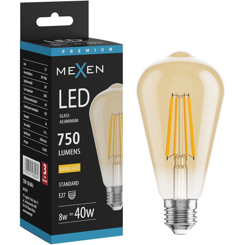 Mexen Vintis LED filamentová žiarovka E27, ST64, 8W, Teplá - 2700K, 750 lm, amber - L152-E27-0827-50