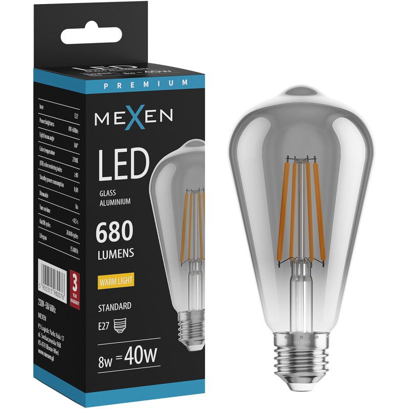 Mexen Vintis LED vlákno žiarovka E27, ST64, 8W, Teplá - 2700K, 680 lm, dymová - L152-E27-0827-70