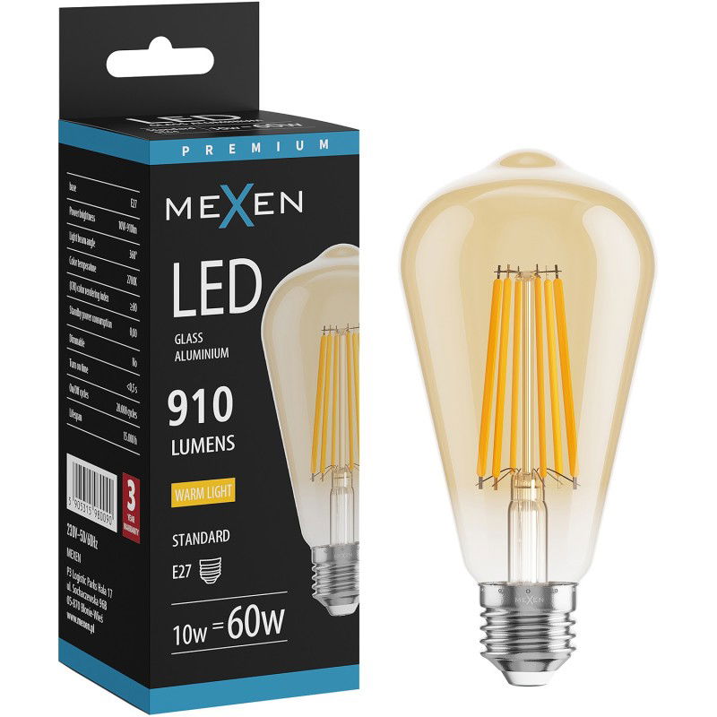 Mexen Vintis LED žiarovka s vláknom E27, ST64, 10W, Teplá - 2700K, 910 lm, jantárová - L152-E27-1027-50