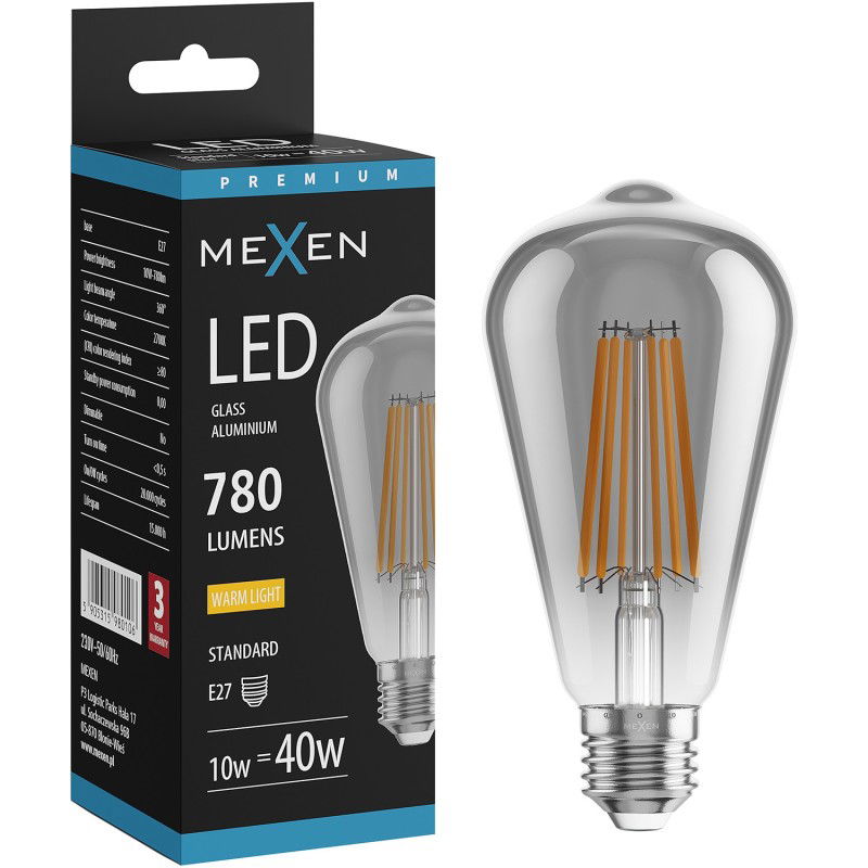 Mexen Vintis LED filamentová žiarovka E27, ST64, 10W, Teplá - 2700K, 780 lm, dymová - L152-E27-1027-70