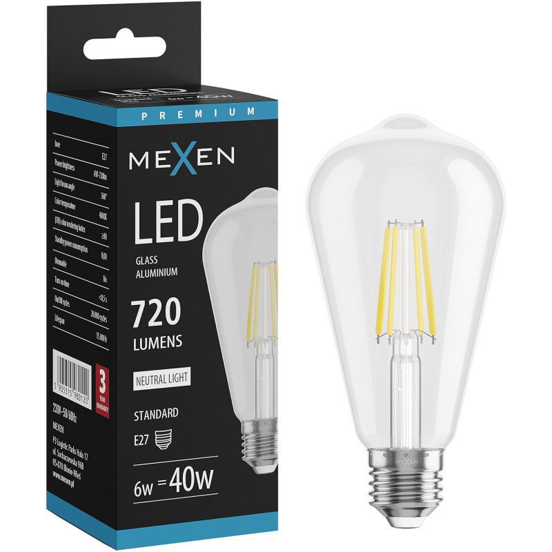 Mexen Vintis LED žiarovka filament E27, ST64, 6W, Neutrálna - 4000K, 720 lm, číra - L152-E27-0640-00