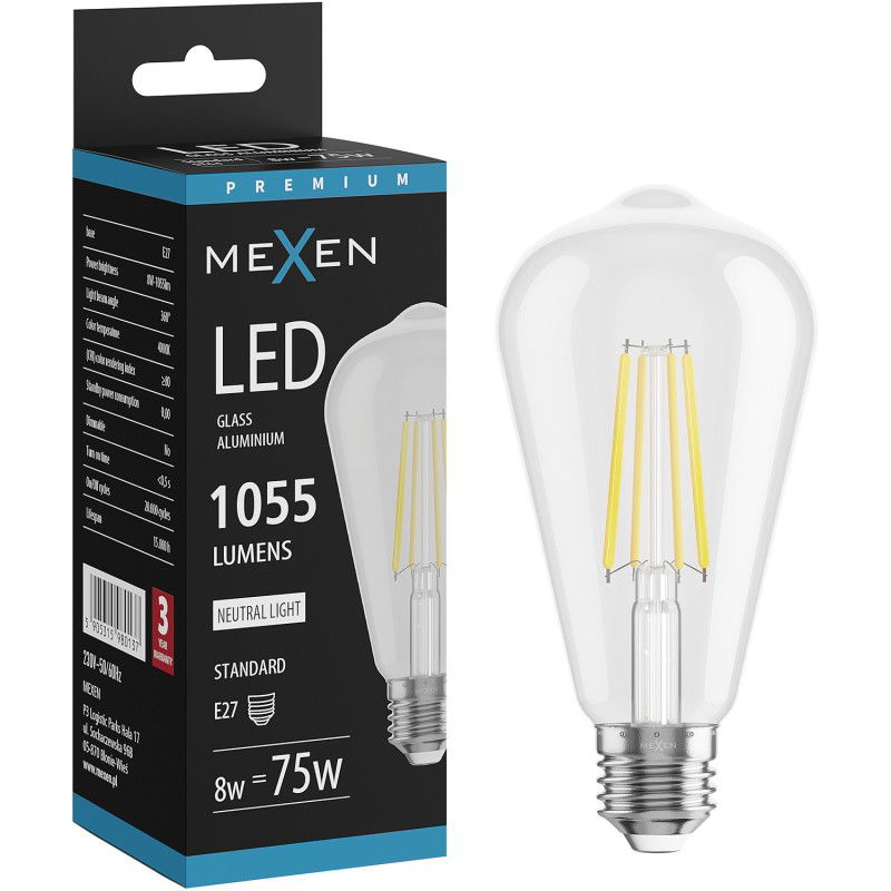 Mexen Vintis LED žiarovka filament E27, ST64, 8W, Neutrálna - 4000K, 1055 lm, číra - L152-E27-0840-00