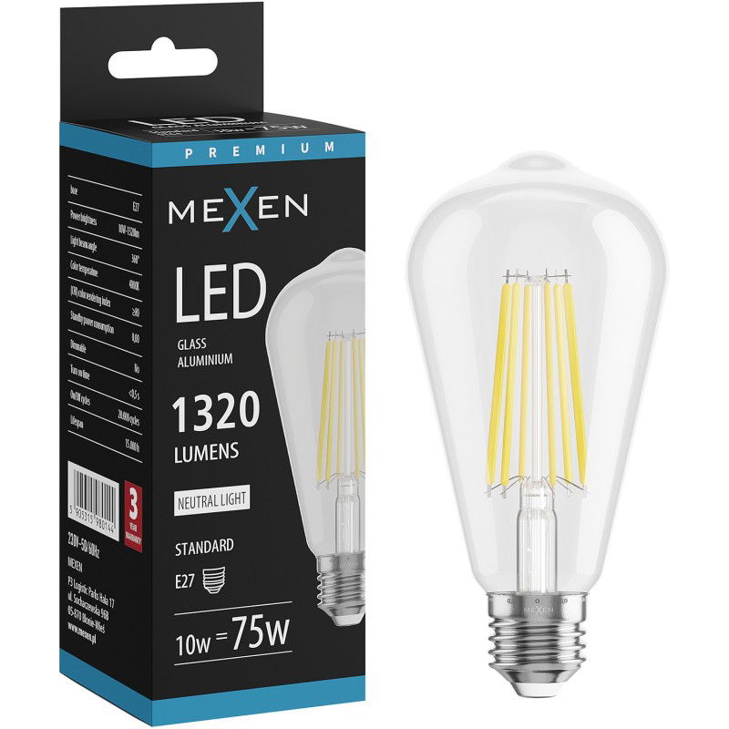 Mexen Vintis LED žiarovka žiarivky E27, ST64, 10W, Neutrálna - 4000K, 1320 lm, číra - L152-E27-1040-00