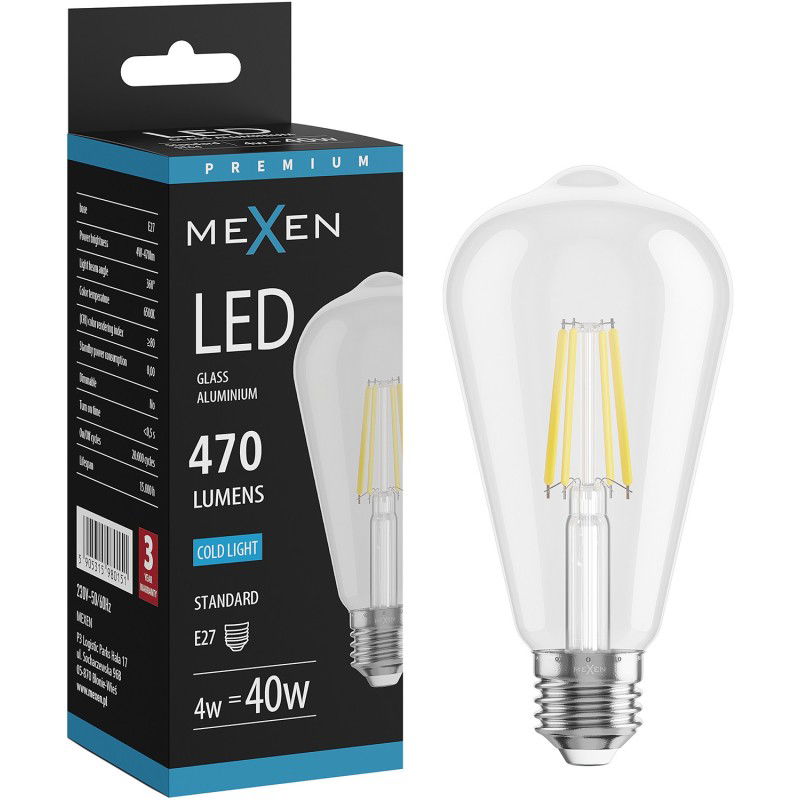 Mexen Vintis Žiarovka filament LED E27, ST64, 4W, Studená - 6500K, 470 lm, číra - L152-E27-0465-00